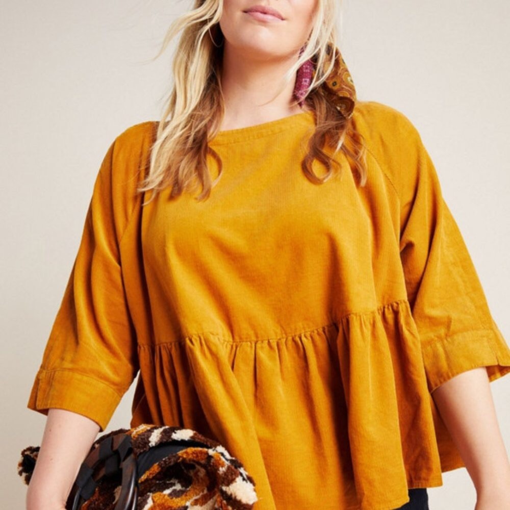 Anthropologie Maeve Women’s Maria Babydoll Button Back Corduroy Peplum Top